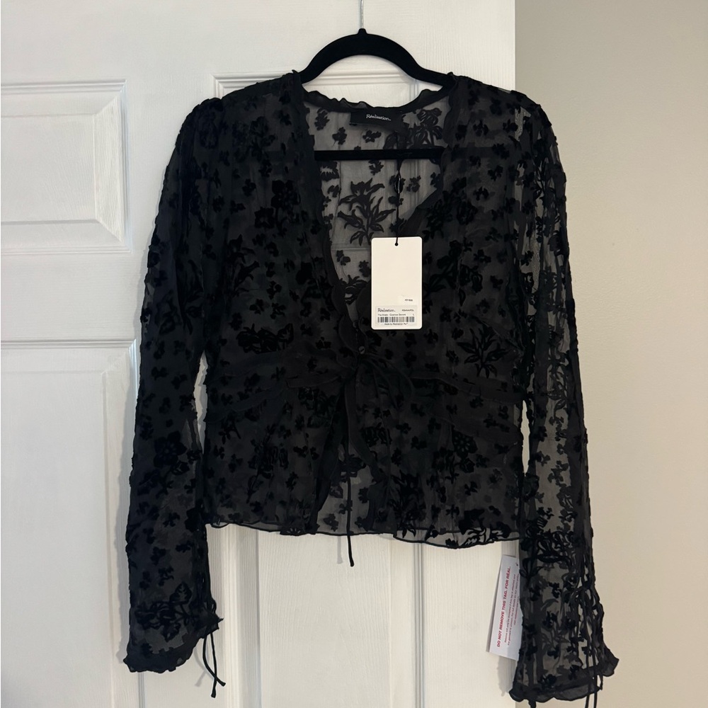 Realisation Par THE ANAÏS size L Sheer Black Floral Lace Tie-Front Top - Picture 3 of 5